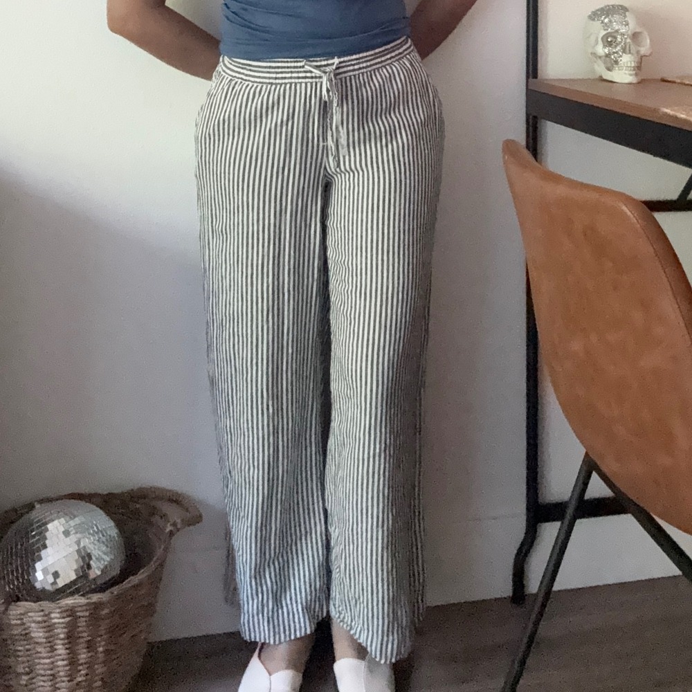 A New Day Womens Striped Linen Blend Wide Leg Drawstring Pants Small Black White